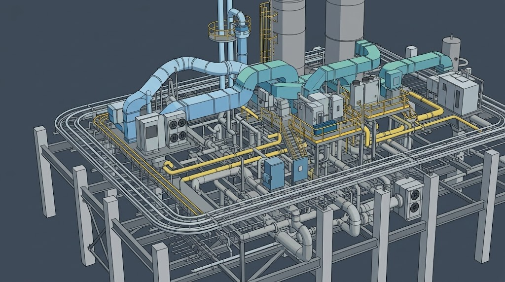 The same federated industrial BIM model with the clash resolved