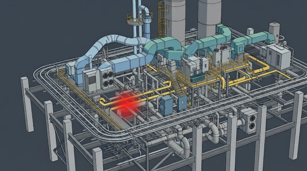Federated industrial BIM model with a highlighted clash between mechanical services